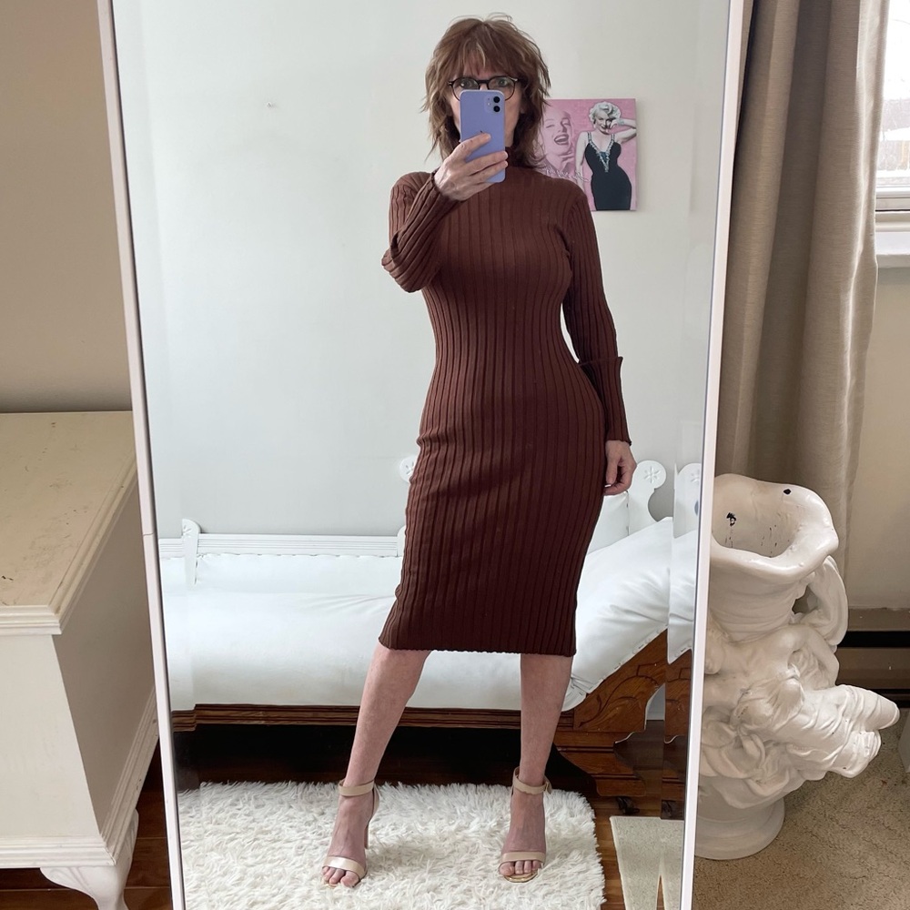 BROWN RIBBED KNIT LONG SLEEVE DRESS MOCK TURTLENECK STRETCH FORM FIT MEROKEETY